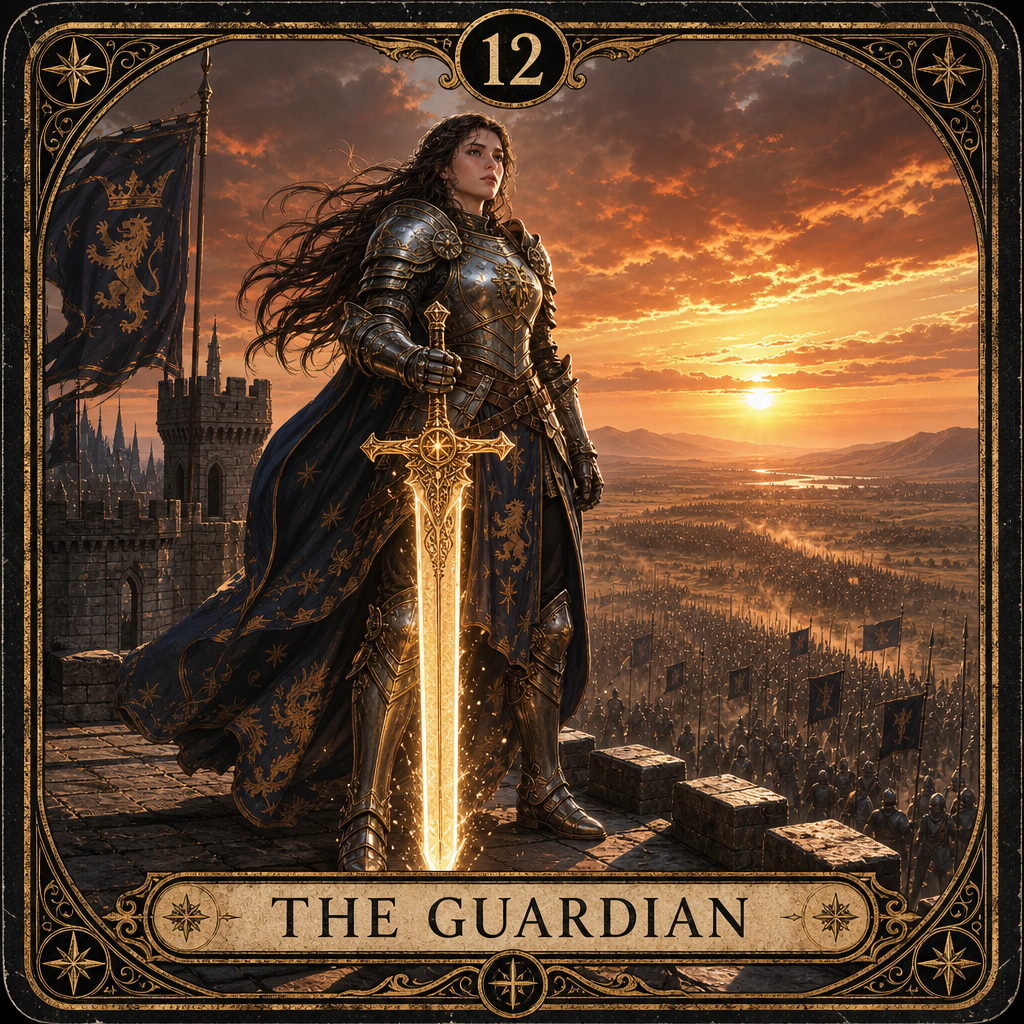 A custom Tarot card, featuring a female knight in heavy armor, holding a giant sword emitting holy light, standing majestically on the walls of an ancient castle. The background is a vast plain at sunset and a distant enemy army, creating a tense atmosphere. The bottom of the card has text: "THE GUARDIAN", and the top is marked with the number "12".
