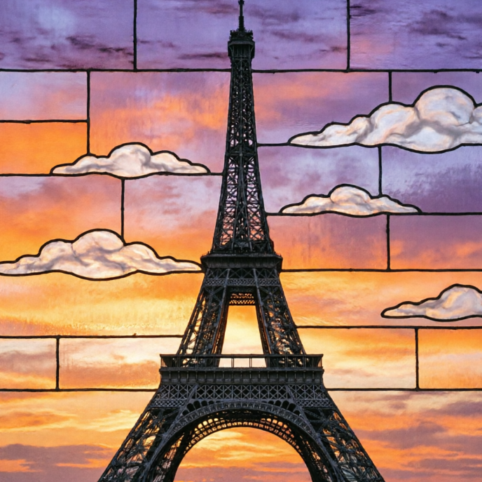 A rhythmic square stained glass artwork depicting musical notes, piano keys, and flowing music lines. Musical notes are composed of black and white glass pieces, and piano keys are made of long black and white glass strips. The background is a gradient of red and orange, as if representing the passion of music. Lead lines outline the leaping notes and the flow of music, full of artistic appeal.