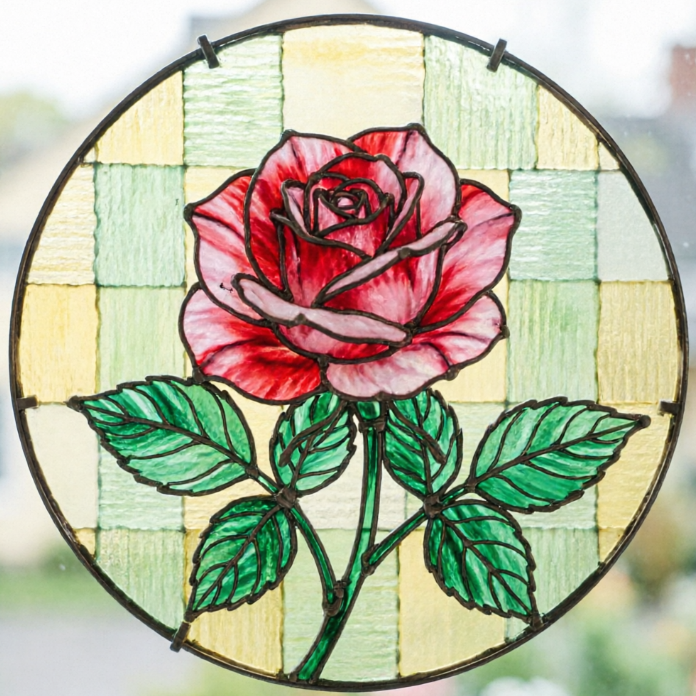 An exquisite circular stained glass artwork, featuring a blooming rose at its center. The rose petals are composed of red and pink gradient glass pieces, surrounded by green leaves. The background is a light yellow and pale green grid pattern, creating an idyllic tranquility. Lead lines outline the graceful curves of the flower and the veins of the leaves.
