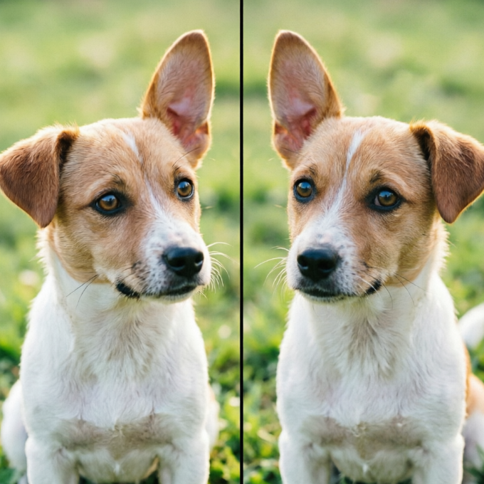 A high-contrast image, with the left side showing a clear close-up photo of a cute puppy (e.g., a Golden Retriever puppy), with its head slightly turned to the right, one brown ear slightly perked up, gazing curiously to the left, with a blurred green grassy background and sunlight; the right side shows the effect of the same photo after applying a horizontal mirror invert filter, where the puppy's head is now slightly turned to the left, the perked-up ear is on the other side (left ear perked), and the direction of its gaze is also reversed, presenting a perfect mirror image of itself, with the background also horizontally flipped. The two images are displayed side-by-side on the same canvas, with a clear dividing line in the middle.