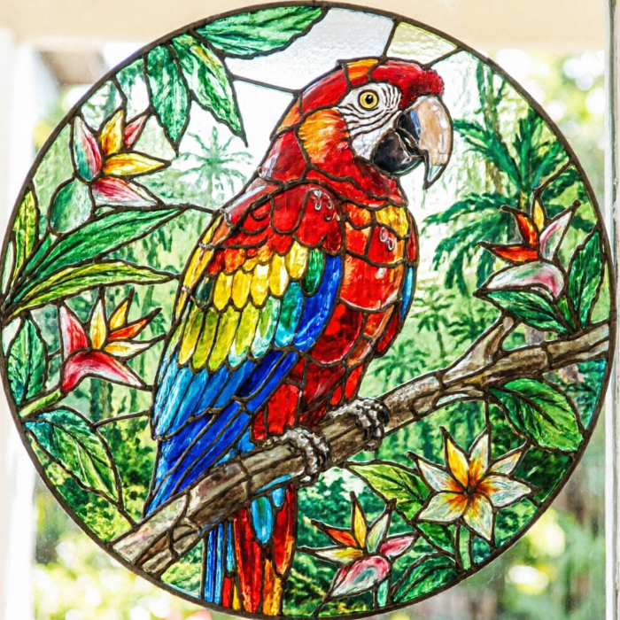 A lively circular stained glass artwork, featuring a colorful parrot perched on a branch at its center. The parrot's feathers are composed of vibrant red, blue, yellow, and green glass pieces, with bright eyes. The background consists of dense green tropical rainforest vegetation and a few tropical flowers. Lead lines outline the parrot's silhouette and the details of the branches and leaves, full of natural vitality.