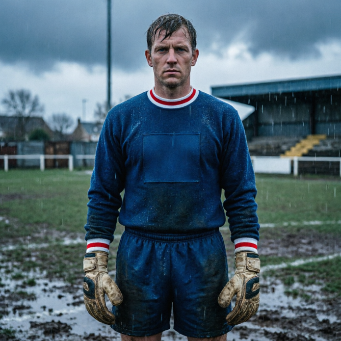 A tall male goalkeeper with a serious expression, wearing a vintage wool goalkeeper sweater-style jersey, on an old-fashioned football pitch on a rainy day. The sweater is deep blue, with white and red stripes on the collar and cuffs, no number on the chest, only a blank square area. He is wearing old-fashioned leather goalkeeper gloves. The background is a rainy stadium and blurred spectator stands.