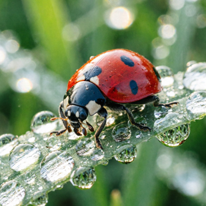 A high-resolution, hyperrealistic macro close-up, showcasing a ladybug resting on a dewy, sparkling leaf. The ladybug's red carapace and black spot patterns on its back are clearly visible, and the fine hairs on its antennae and legs are lifelike. The dewdrops on the leaf refract the surrounding light, with a blurred green plant background.