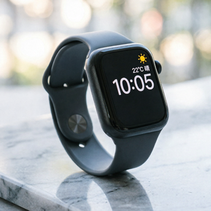 A high-resolution, hyperrealistic product photograph, showcasing a beautifully designed smartwatch with its dial displaying clear digital time and weather information. The watch features a matte black metal case paired with a dark grey silicone strap, with clear textural details visible. It rests on a smooth, light grey marble slab, with a soft bokeh effect in the background and even lighting, free of any reflective flaws.