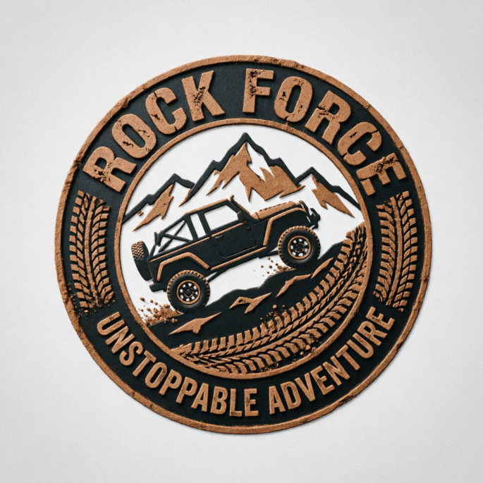 A circular off-road vehicle brand logo with rugged mountain and tire track patterns, featuring a matte black and earthy brown color scheme. At the center of the logo is a silhouette of an off-road vehicle climbing a slope, with a rough mountain outline in the background. The brand name is in a bold font at the top, and a slogan is at the bottom, emphasizing robustness and adventurous spirit.