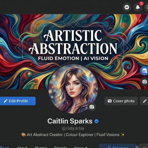 A mock-up of a Facebook profile page, showcasing AI-generated artistic abstract themed cover and profile pictures. The cover image depicts an abstract artwork composed of fluid colors and geometric shapes, with strong color contrasts and dynamism. The profile picture is a young woman with softened facial lines, artistic stylized with abstract color halos, set against a blurred abstract pattern background. The original photo shows her in casual attire.
