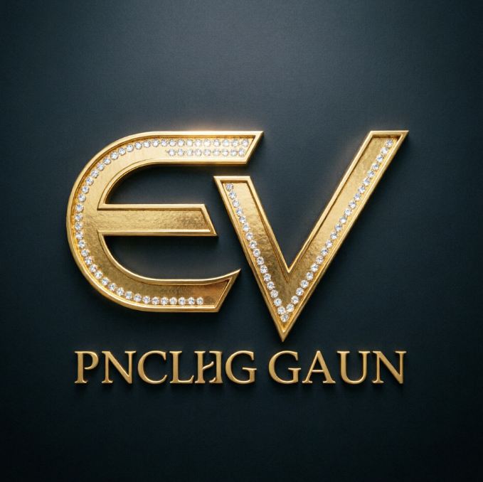 An elegant monogram-style luxury electric vehicle logo, cleverly combining streamlined golden letters "E" and "V", with tiny diamond-like sparkling points embedded along the edges of the letters. The entire logo exudes understated luxury and cutting-edge technology. The brand name uses an exquisite serif font. The background is a smooth dark matte material.