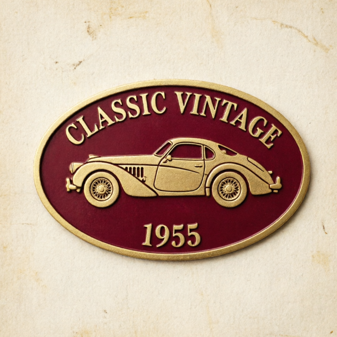 An oval classic vintage style car logo, featuring a matte gold frame with a deep red background. At the center of the logo is a side silhouette of a classic vintage car (e.g., a 1950s sports car) with elegant lines. The background has a hand-drawn detailed texture, creating a nostalgic feel. The brand name is in a serif font at the top, and the year or slogan is at the bottom.