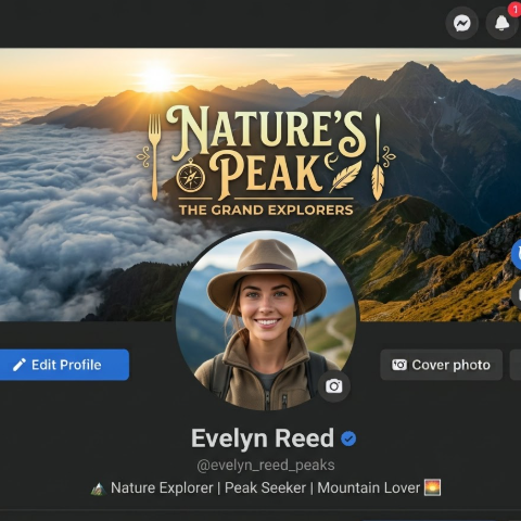 A mock-up of a Facebook profile page, showcasing AI-generated nature landscape themed cover and profile pictures. The cover image depicts a magnificent mountain sunrise scene, with golden sunlight bathing the peaks and a churning sea of clouds. The profile picture is a young woman wearing a hiking hat and a confident smile, set against a blurred mountain and sky background. The original photo shows her indoors.