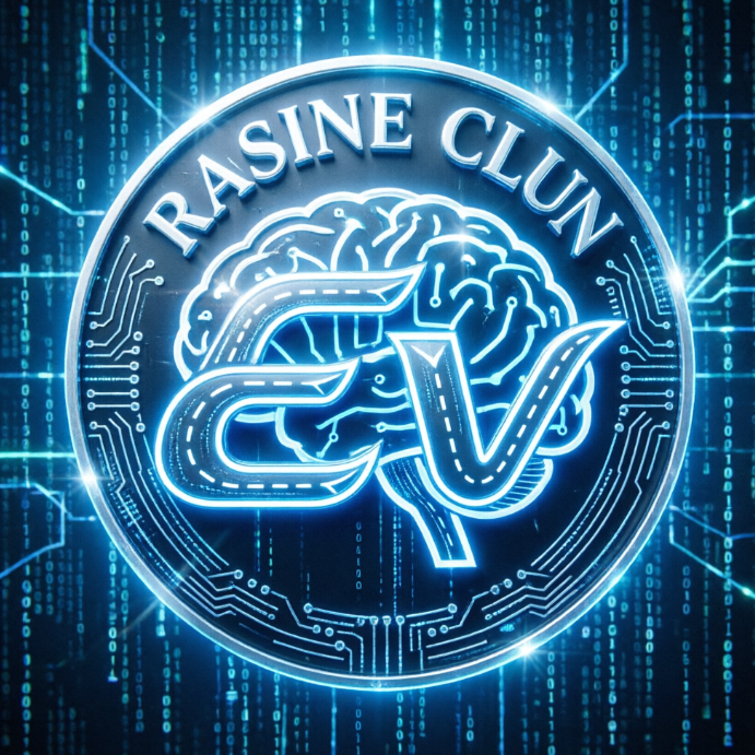 A smart autonomous driving car logo integrating an AI brain graphic and road symbols, featuring blue and white colors with glowing circuit patterns. The brain graphic symbolizes intelligence, and road symbols represent travel. The entire logo is circular, with abstract circuit board textures along the edge. The brand name is in a tech-inspired font at the top. The background is a digital matrix pattern.