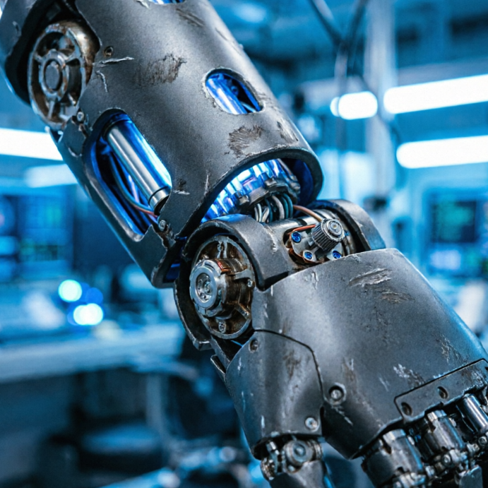 A high-resolution, hyperrealistic mechanical close-up, showcasing a futuristic robot arm composed of matte metal and glowing energy conduits. The robot arm's joints feature complex hydraulic systems and miniature sensors, with subtle signs of wear on its surface. The background is a blurred tech laboratory with blue and white lighting. All metal and light details are extremely realistic.