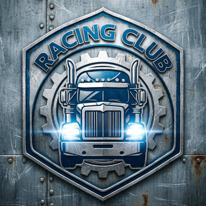 A hexagonal truck brand logo, featuring solid silver and dark blue colors. At the center of the logo is a front silhouette of a heavy-duty truck, with bright headlights. The background is an abstract gear pattern, emphasizing strength and durability. The brand name is in an industrial font at the top. The background is a rough metal plate.
