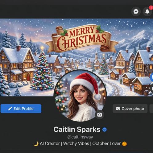 A mock-up of a Facebook profile page, showcasing AI-generated festive Christmas themed cover and profile pictures. The cover image depicts a snow-covered Christmas village with twinkling Christmas trees and falling snowflakes, and a banner that reads "Merry Christmas". The profile picture is a young woman wearing a Santa hat and a warm smile, set against a blurred snowy landscape and Christmas decorations background. The original photo shows her in casual indoor attire.