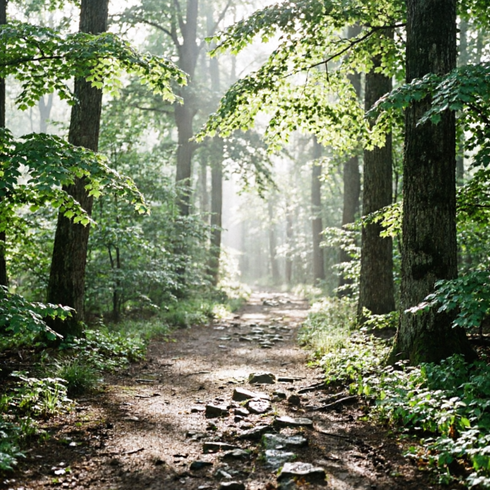 A high-resolution, hyperrealistic landscape photograph depicting a sunlit forest path. The path is made of dirt and gravel, flanked by tall trees with lush green leaves, and patches of sunlight filtering through the canopy, casting dappled shadows on the ground. The air seems to carry the fresh scent of damp earth and plants. The deeper parts of the forest in the distance are slightly blurred, enhancing the sense of depth.