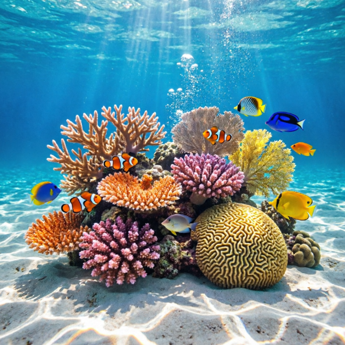 A high-resolution, hyperrealistic underwater photograph, showcasing a vibrant coral reef. Corals of various shapes and colors sway in the clear blue seawater, with a school of tropical fish freely swimming among them. Sunlight filters through the water surface, forming dappled beams that illuminate the sandy seabed. Water ripple textures and bubbles are extremely realistic.
