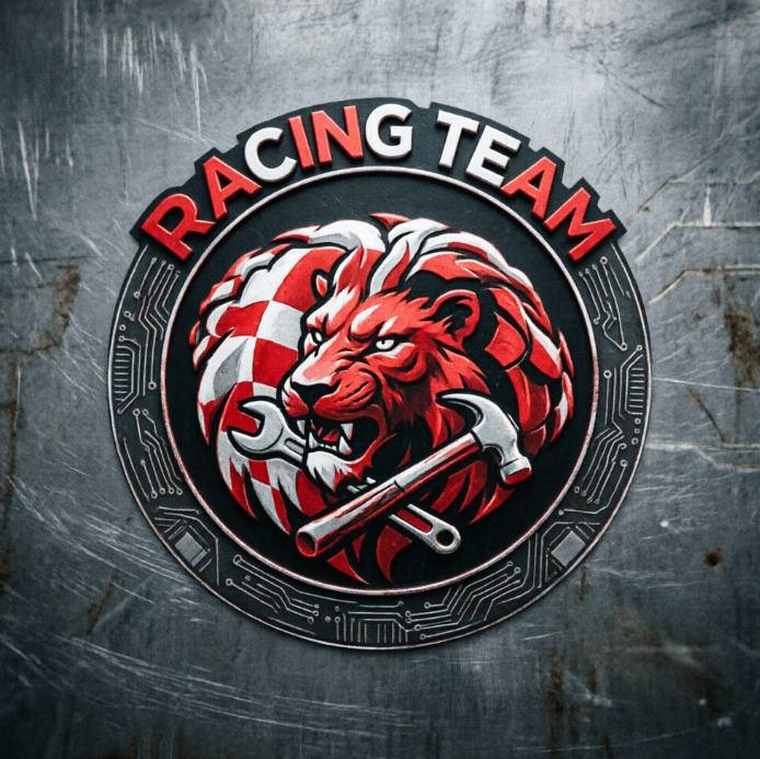 A shield-shaped classic racing team logo, featuring red and white colors with a checkered flag pattern. At the center of the logo is a silhouette of a roaring lion's head, holding a crossed wrench and hammer in its mouth. The racing team name is in a bold font at the top. The entire design exudes power, speed, and teamwork. The background is brushed metal.
