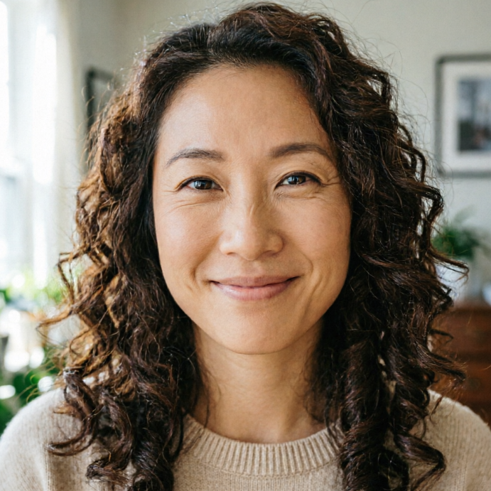 A high-resolution, hyperrealistic portrait of a young woman, approximately 30 years old, with healthy skin and natural deep brown curly hair draped over her shoulders. She has clear eyes, looking directly into the camera, with a soft and genuine smile on her face, and subtle crow's feet at the corners of her eyes. She is wearing a light beige knit sweater, and the background is a blurred indoor home environment with natural light, showcasing extremely realistic light and shadow details.