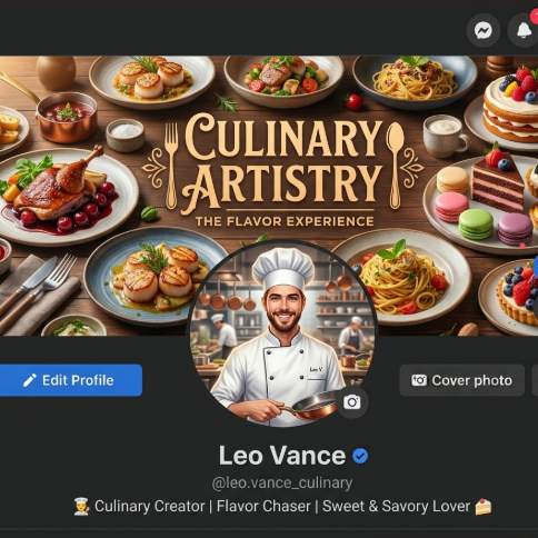 A mock-up of a Facebook profile page, showcasing AI-generated food themed cover and profile pictures. The cover image depicts a lavish and appealing table of food, with exquisite desserts and main courses, vibrant in color and beautifully plated. The profile picture is a young man wearing a chef's hat with a cheerful expression, holding a frying pan, set against a blurred gourmet kitchen background. The original photo shows him against a plain background.