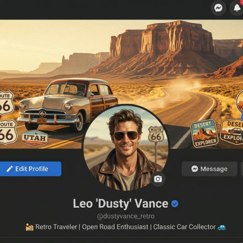 A mock-up of a Facebook profile page, showcasing AI-generated vintage travel themed cover and profile pictures. The cover image depicts an old vintage car driving on a golden desert highway, with magnificent Western canyons in the distance. The profile picture is a man wearing aviator sunglasses and a vintage leather jacket, with a carefree expression, set against a blurred desert highway background. The original photo shows him indoors.