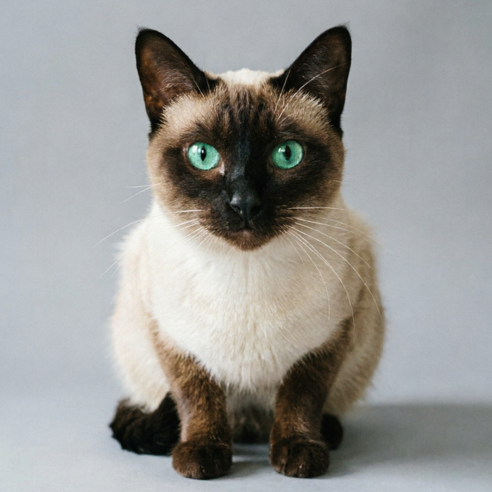 A high-resolution, hyperrealistic animal portrait, depicting a Siamese cat with piercing blue-green eyes. The cat's fur is short and sleek, with classic point coloration (dark brown on face, ears, paws, and tail, creamy white body). It sits gracefully in front of a soft grey background, with sharp yet curious eyes, every whisker clearly visible.