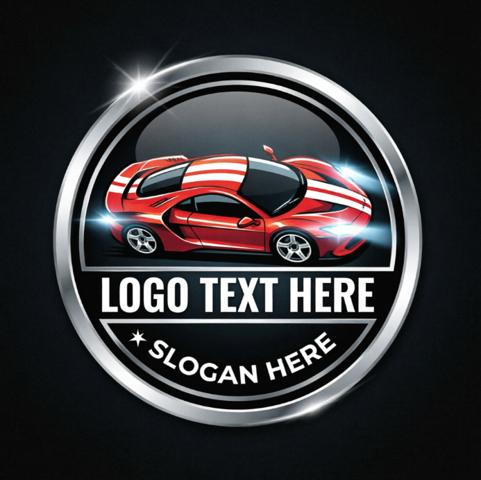 A modern, circular badge-style car logo, featuring a glossy silver metallic frame with a deep black inner circle. At the center of the logo is a top-down view of a streamlined red sports car, with white stripe decorations on its body and cool light emanating from its headlights. Below the sports car is a horizontal black banner with bold white text "LOGO TEXT HERE", and further below is a small star symbol and curved thin white text "SLOGAN HERE". The entire design emphasizes speed and technology, set against a pure black background.