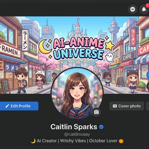 A mock-up of a Facebook profile page, showcasing AI-generated anime cartoon themed cover and profile pictures. The cover image depicts a vibrantly colored, lively Japanese anime city street, with cute cartoon characters and iconic buildings. The profile picture is a young woman cartoonized with large eyes and a sweet smile, wearing an anime-style school uniform, set against a blurred cartoon city background. The original photo shows her in casual attire.