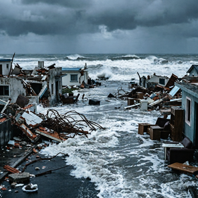 A high-resolution, hyperrealistic natural disaster scene photograph, depicting a coastal town after being struck by a tsunami. Houses are destroyed by floods, and debris and flotsam are scattered on the streets. The sky is gloomy, and the distant sea remains turbulent. The details of water flow, debris, and light and shadow are incredibly realistic, creating a strong visual impact.