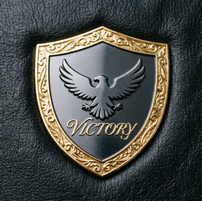 A shield-shaped luxury car brand logo, featuring a dark grey metallic texture with intricate gilded carvings along the edges. At the center of the logo is a silhouette of a powerful eagle with outstretched wings. Below the eagle is the brand name in elegant script. The entire design exudes nobility and power, set against a luxurious black leather texture background.