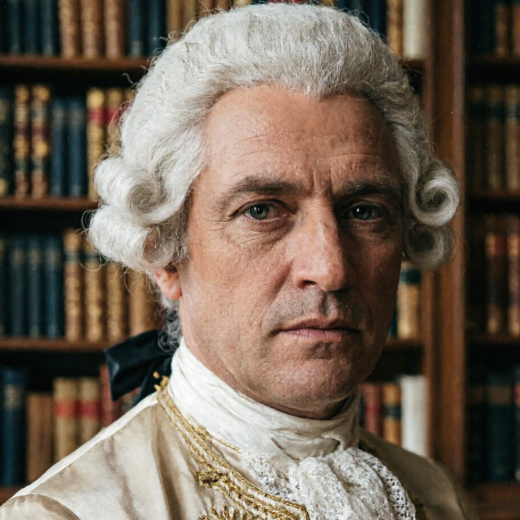 A high-resolution, hyperrealistic historical portrait, depicting a man in 18th-century European aristocratic attire. He wears an elaborate wig and a lace cravat, with deep and commanding eyes. Skin texture, the silk sheen of his clothing, and detailed embroidery are incredibly realistic. The background is a blurred classical oil painting-style library.
