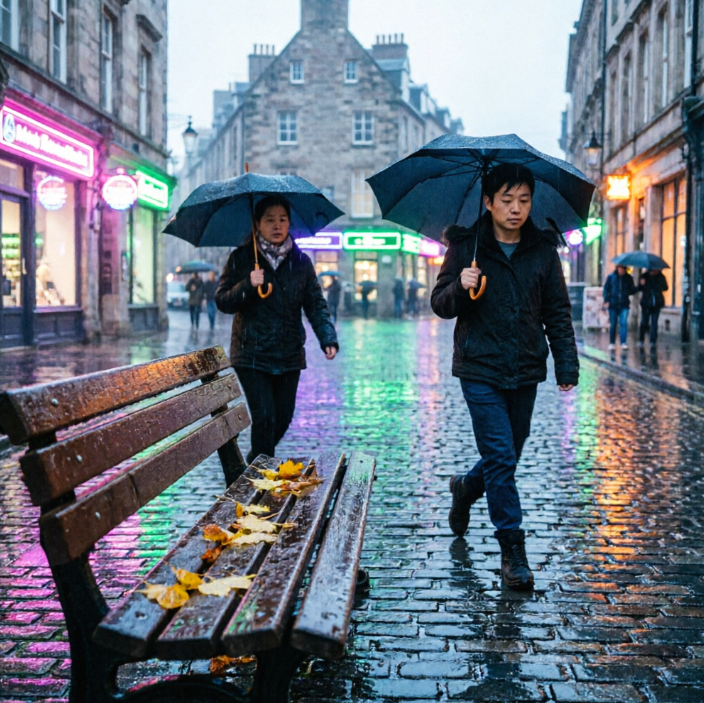 A high-resolution, hyperrealistic street scene photograph, depicting a wet European old town street after rain. The road surface reflects colorful neon lights, pedestrians hurry by with umbrellas, and ancient buildings in the distance are faintly visible through the mist. In the foreground, there's a damp bench with a few fallen leaves. The air is filled with the distinct freshness of after-rain.