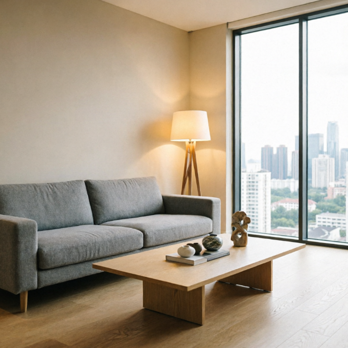 A high-resolution, hyperrealistic interior design concept image, showcasing a modern minimalist living room. Outside the floor-to-ceiling window is a city skyline. Inside, there's a comfortable grey fabric sofa, a low wooden coffee table, and a uniquely designed floor lamp. The walls are off-white, the floor is light wood grain, and the material and sheen of all furniture and decor are incredibly realistic, as if actually photographed.