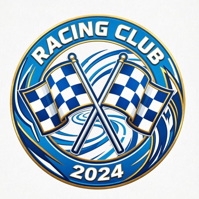 A sports car club logo with racetrack and flag elements, featuring bright blue and white colors with gold trim. At the center of the logo are two crossed checkered flags, with abstract racetrack lines in the background. The club name is in a sporty font at the top, and the founding year is at the bottom. The entire design exudes speed and team spirit.