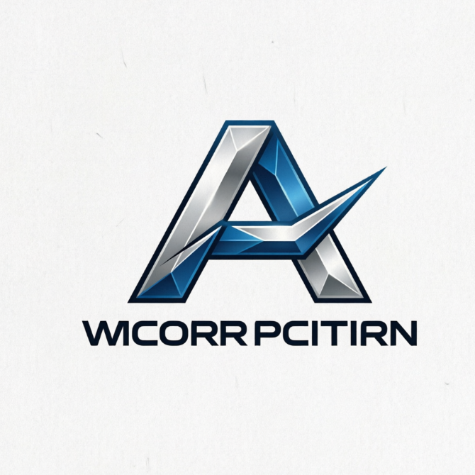A modern minimalist abstract geometric car brand logo, composed of two intertwining sharp silver and blue geometric shapes, resembling a sense of speed and the letter "A". Below the logo is the brand name in a sans-serif font. The entire design is clean and dynamic, set against a pure white background, emphasizing high-tech and innovation.