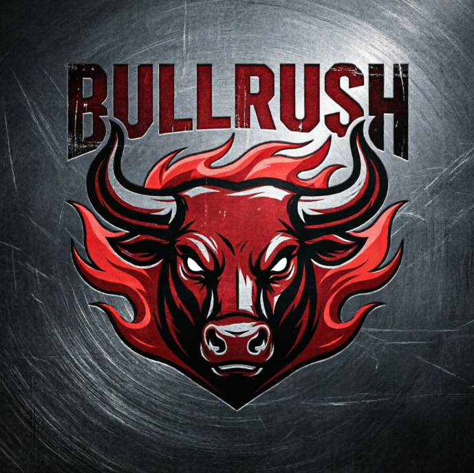 A muscle car brand logo integrating flames and acceleration stripes, featuring powerful red and black colors. At the center of the logo is a silhouette of a roaring bull's head with fierce eyes. Flames extend from both sides of the bull's head, emphasizing speed and power. The brand name is in a rugged font at the top. The background is a dark brushed metal texture.