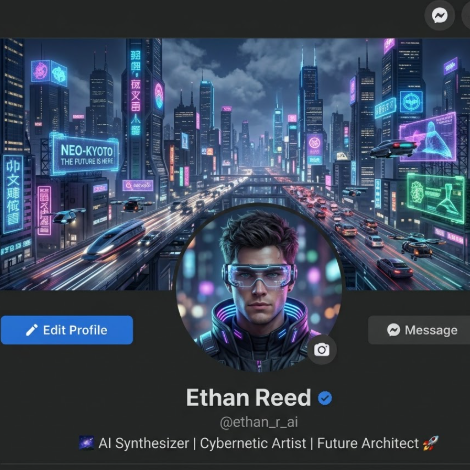 A mock-up of a Facebook profile page, showcasing AI-generated sci-fi futuristic themed cover and profile pictures. The cover image depicts a neon-lit futuristic cityscape at night, with towering skyscrapers and flying cars, full of cyberpunk style. The profile picture is a young man in futuristic attire, wearing glowing glasses, with a cool expression, set against a blurred futuristic cityscape at night background. The original photo shows him in a regular office.