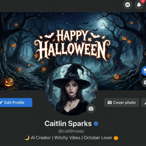 A mock-up of a Facebook profile page, showcasing AI-generated Halloween themed cover and profile pictures. The cover image depicts a dark and mysterious enchanted forest, with twisted trees, glowing jack-o'-lanterns flickering among them, a deep blue sky with bats flying by, and a banner that reads "Happy Halloween". The profile picture is a young woman wearing a black pointed witch hat and a black choker, with a delicate face and a slightly mysterious gaze, set against a blurred forest background. The original photo shows her in casual wear against a brick wall.