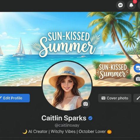 A mock-up of a Facebook profile page, showcasing AI-generated summer beach themed cover and profile pictures. The cover image depicts a sunny tropical beach, with an azure sea, golden sand, swaying palm trees, and sailboats in the distance. The profile picture is a young woman wearing a wide-brimmed straw hat and a white dress, with a sweet smile, set against a blurred beach and sea background. The original photo shows her in casual indoor attire.