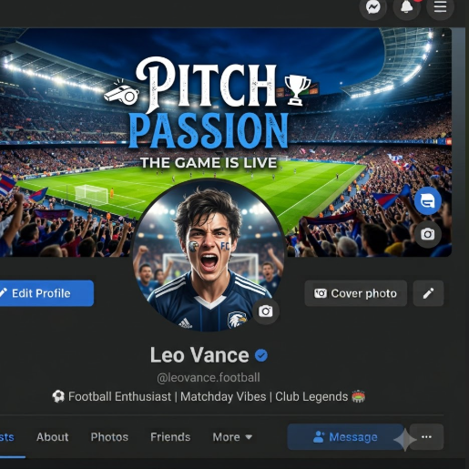 A mock-up of a Facebook profile page, showcasing AI-generated sports passion themed cover and profile pictures. The cover image depicts a packed and brightly lit football stadium, with an intense match in progress and enthusiastic cheering from the crowd. The profile picture is a young man in a soccer jersey with a team logo painted on his face, an excited expression, set against a blurred stadium background. The original photo shows him against a plain background.