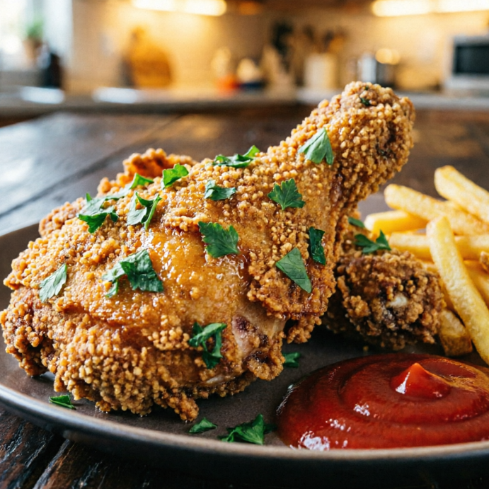 A high-resolution, hyperrealistic food close-up photograph, showcasing golden crispy and juicy fried chicken nuggets, sprinkled with fresh chopped herbs. Next to the nuggets are rich ketchup and a small pile of French fries. The background is a blurred wooden dining table and soft kitchen lighting. The texture, steam, and sheen of the food are incredibly realistic, making it mouth-watering.
