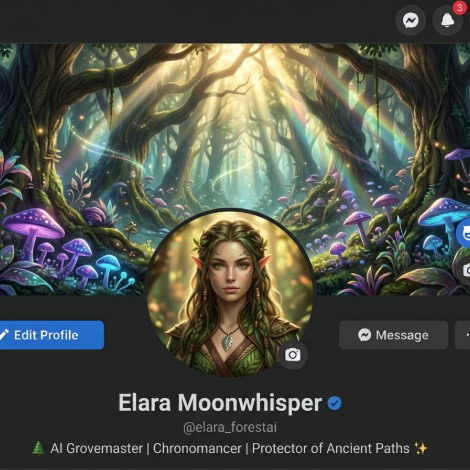 A mock-up of a Facebook profile page, showcasing AI-generated fantasy forest themed cover and profile pictures. The cover image depicts an ancient forest with sunlight piercing through the canopy and magical glows, featuring luminous mushrooms and exotic plants. The profile picture is an elven woman with pointed ears and sparkling eyes, dressed in forest-style attire, set against a blurred magical forest background. The original photo shows her against a plain background.