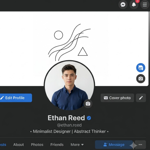 A mock-up of a Facebook profile page, showcasing AI-generated minimalist themed cover and profile pictures. The cover image depicts simple, fluid abstract lines and geometric shapes on a pure white background, minimal yet artistic. The profile picture is a young man with a calm gaze, wearing a plain-colored shirt, set against a pure white background with even lighting. The original photo shows him indoors.