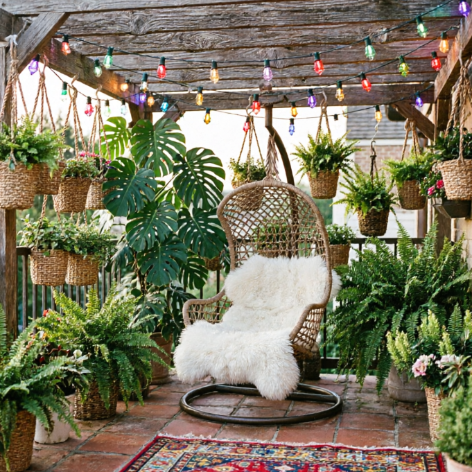 A 1:1 cozy Bohemian patio overflowing with hanging macramé planters and a variety of monstera and ferns. A colorful patterned rug covers a portion of the terracotta tiled floor. A hanging rattan egg chair with white plush cushions swings gently in the center. Fairy lights are draped across a wooden pergola overhead.