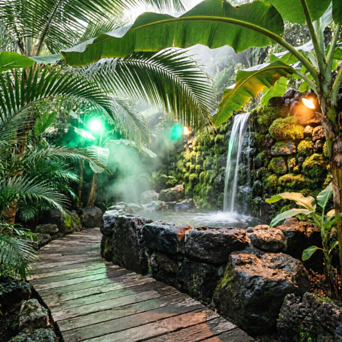 A 1:1 immersive tropical backyard design. A large hot tub made of dark volcanic rock is tucked away under a dense canopy of palm leaves and banana plants. A natural-looking waterfall flows over a mossy stone wall into the tub. Soft steam rises into the humid air, lit by hidden green and amber spotlights. The path to the spa is made of weathered wood planks.