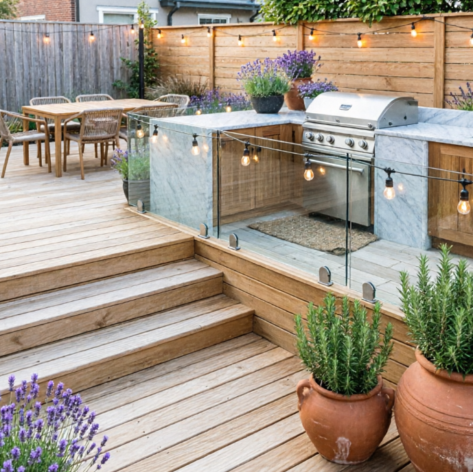 A 1:1 clever design for a small urban backyard. It uses multiple levels of light-colored wooden decking to create zones for dining and lounging. A glass railing separates the levels without blocking the view. A built-in outdoor kitchen with a marble countertop is nestled into a corner. The space is decorated with string lights and oversized clay pots filled with lavender and rosemary.