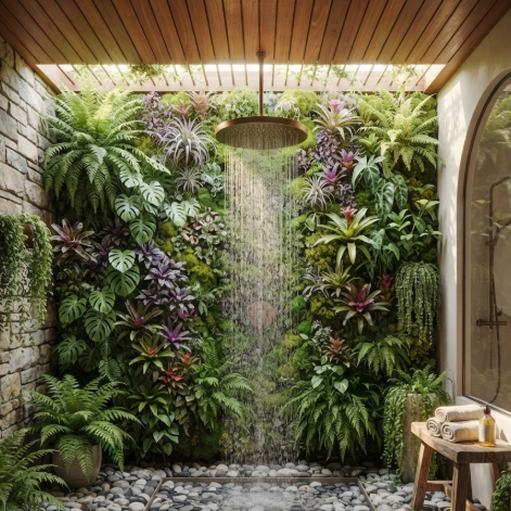 A 1:1 lush indoor oasis bathroom. A vertical living garden covers one wall, surrounding a waterfall-style shower head. The floor is made of smooth river pebbles. Warm sunlight filters through overhead wooden slats.