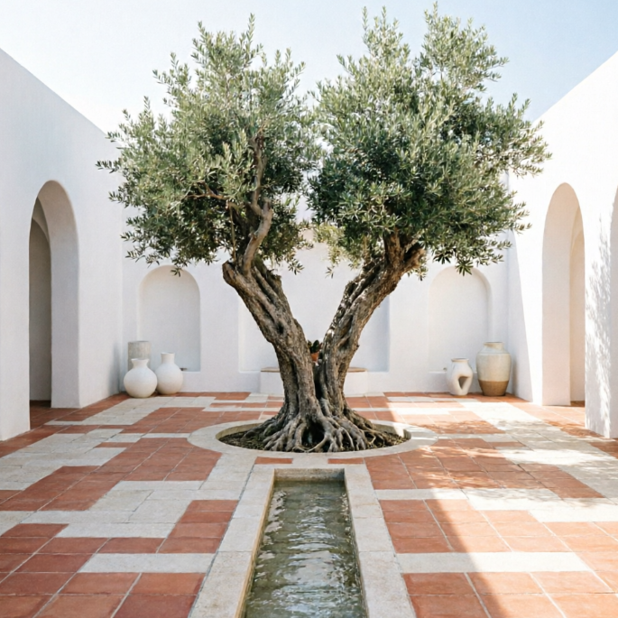 A 1:1 sun-drenched courtyard inspired by Mediterranean architecture but with AI-refined lines. Smooth white stucco walls feature arched alcoves for modern clay vases. The flooring is a contemporary mosaic of terracotta and limestone. A central olive tree grows out of a circular cutout in the tile. A sleek, minimal water rill runs through the center of the patio, providing a cooling sound.