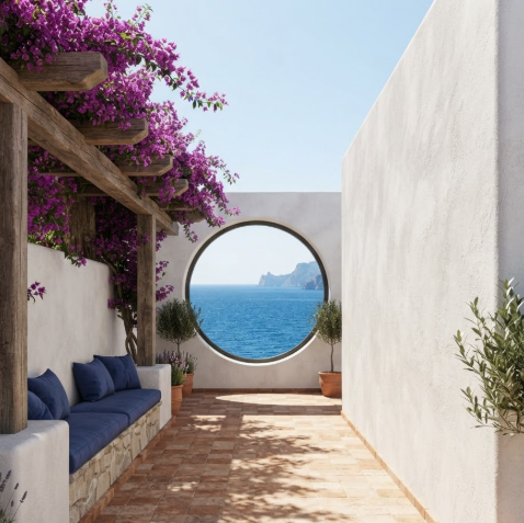 A 1:1 sun-drenched rooftop terrace with whitewashed walls and terracotta tiles. A blue-cushioned built-in stone bench sits under a wooden pergola covered in purple bougainvillea.