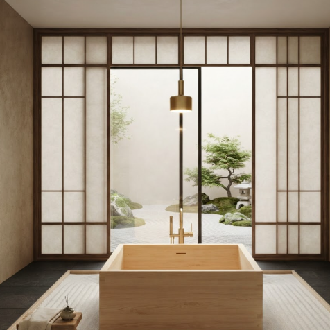 A 1:1 modern Zen bathroom blending Hinoki wood with brushed gold fixtures. A square wooden soaking tub is centered on a bed of white sand. Sliding shoji-style glass panels reveal a manicured dry rock garden.
