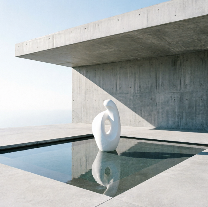A 1:1 minimalist concrete patio featuring a massive cantilevered roof. A single abstract white sculpture stands in the center of a shallow reflection pool. The walls are smooth grey concrete with no ornamentation. The lighting is sharp and directional, emphasizing the clean architectural lines and the still water.