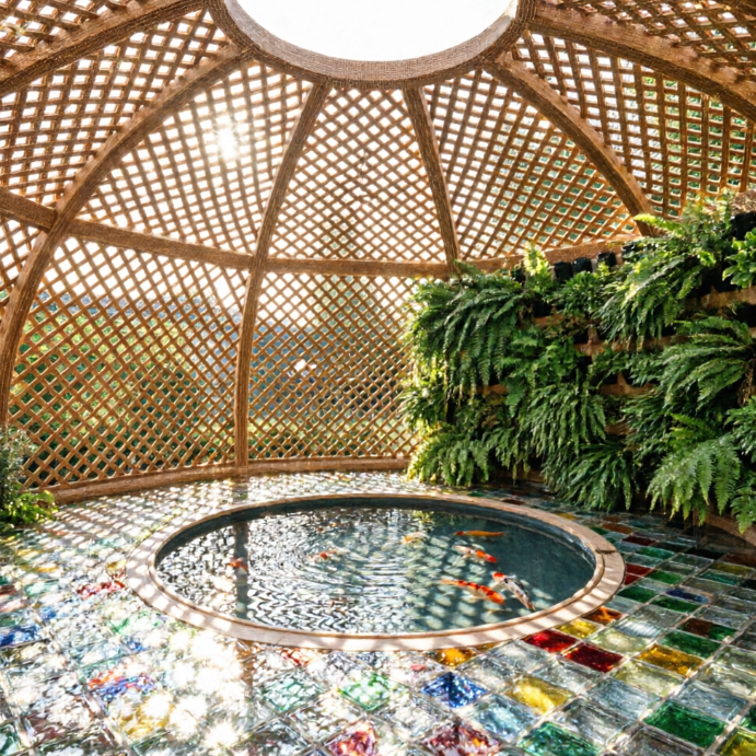 A 1:1 architectural visualization of a sustainable backyard pavilion. The structure is a 3D-printed wooden lattice dome that provides dappled shade. Rainwater cascades from the center of the roof into a circular koi pond below. One wall is a lush vertical hydroponic system filled with exotic ferns. The flooring is made of recycled glass tiles that shimmer under the afternoon sun.